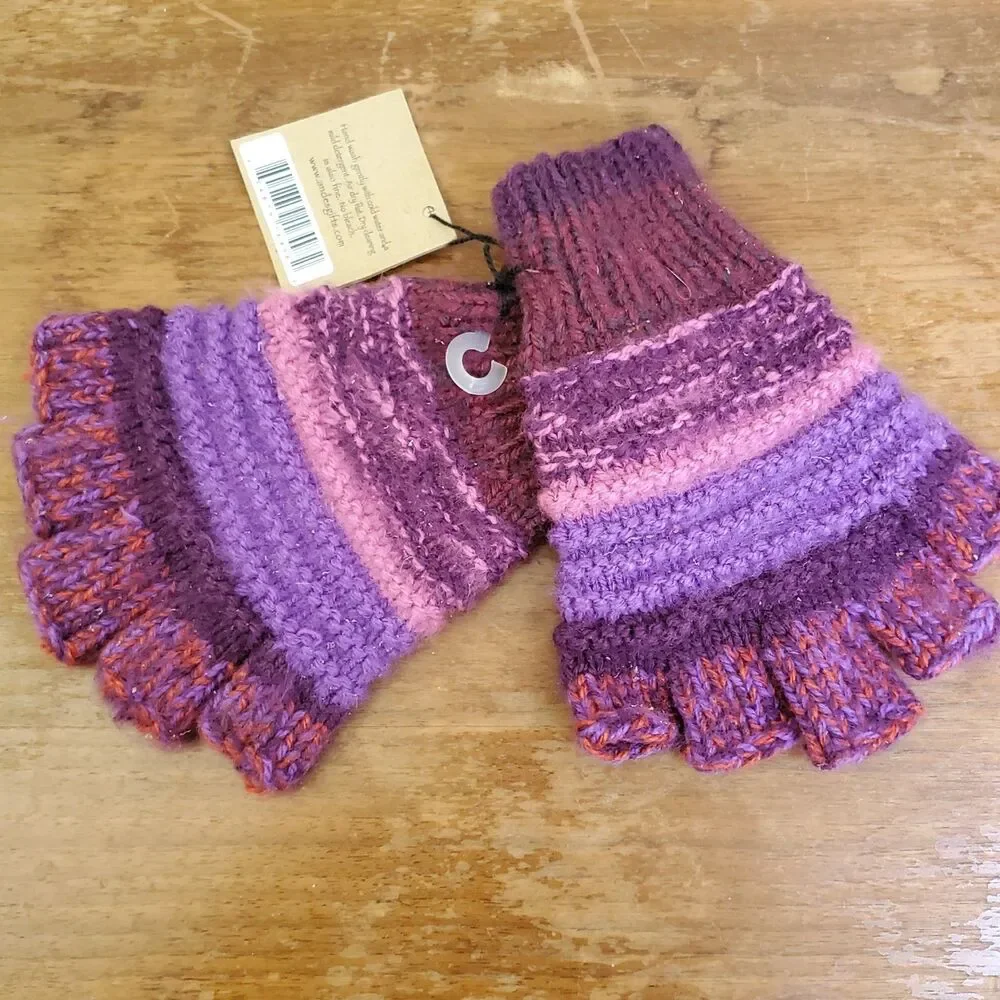 ANDES GIFTS Fingerless Gloves Red Pink Purple Striped Knit Handmade Alpaca Blend